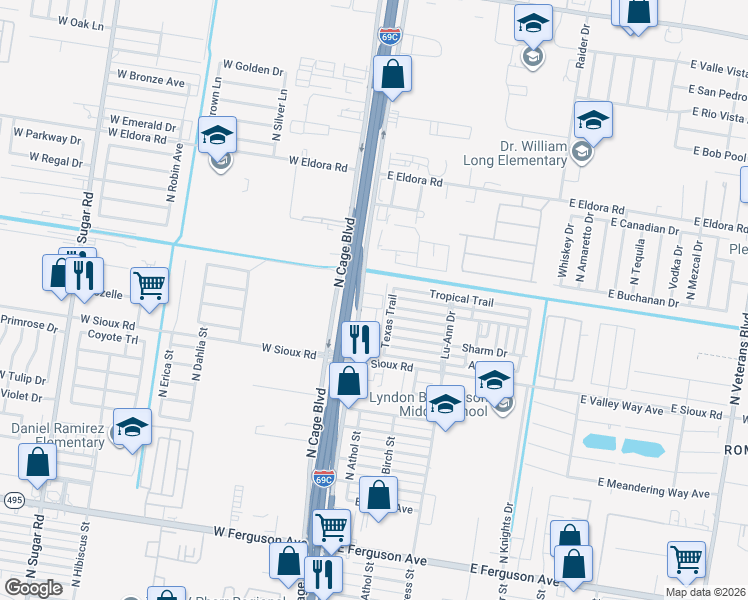 map of restaurants, bars, coffee shops, grocery stores, and more near 3000 North Cage Boulevard in Pharr
