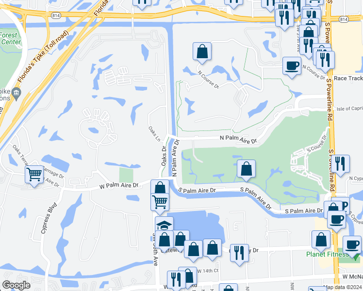 map of restaurants, bars, coffee shops, grocery stores, and more near 3170 Palm Aire Drive North in Pompano Beach