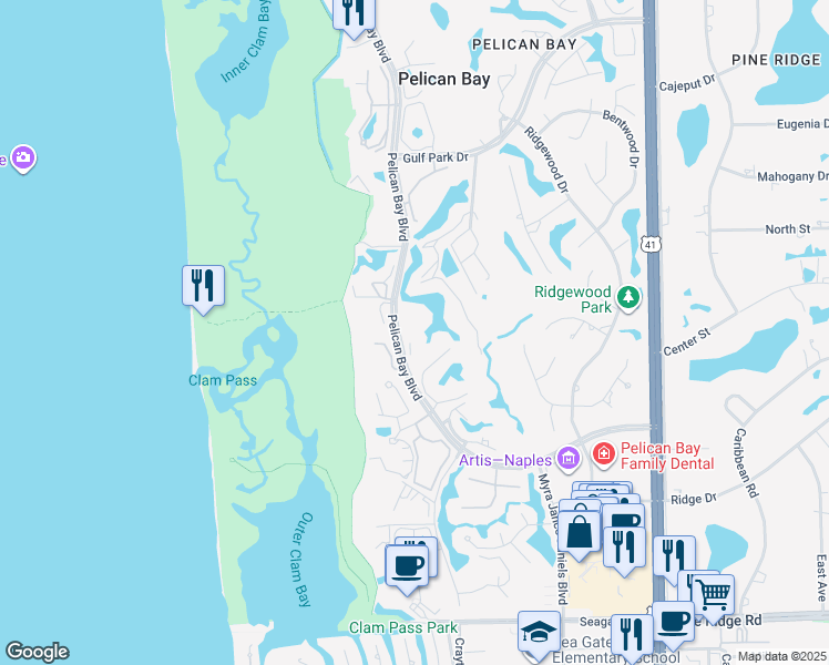 map of restaurants, bars, coffee shops, grocery stores, and more near 6000 Pelican Bay Boulevard in Naples