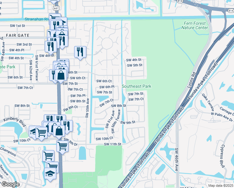 map of restaurants, bars, coffee shops, grocery stores, and more near 710 Southwest 50th Terrace in Margate