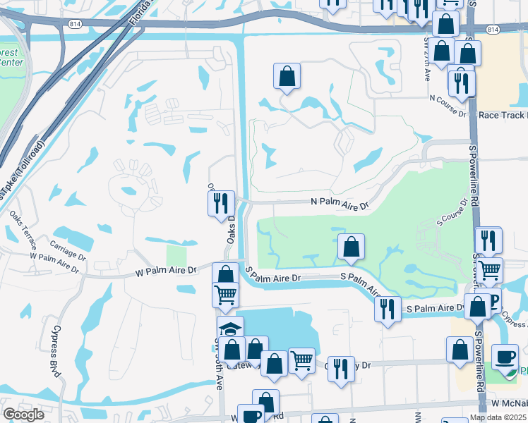 map of restaurants, bars, coffee shops, grocery stores, and more near 3170 Palm Aire Drive North in Pompano Beach