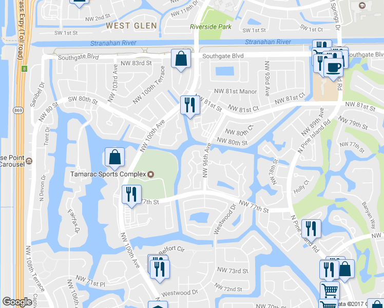 map of restaurants, bars, coffee shops, grocery stores, and more near 7775 Yardley Drive in Tamarac