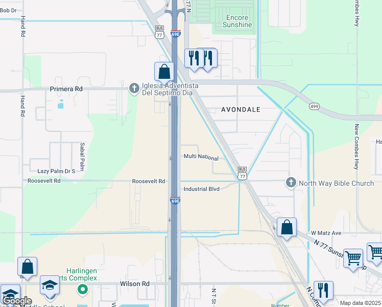 map of restaurants, bars, coffee shops, grocery stores, and more near Northridge Avenue in Harlingen