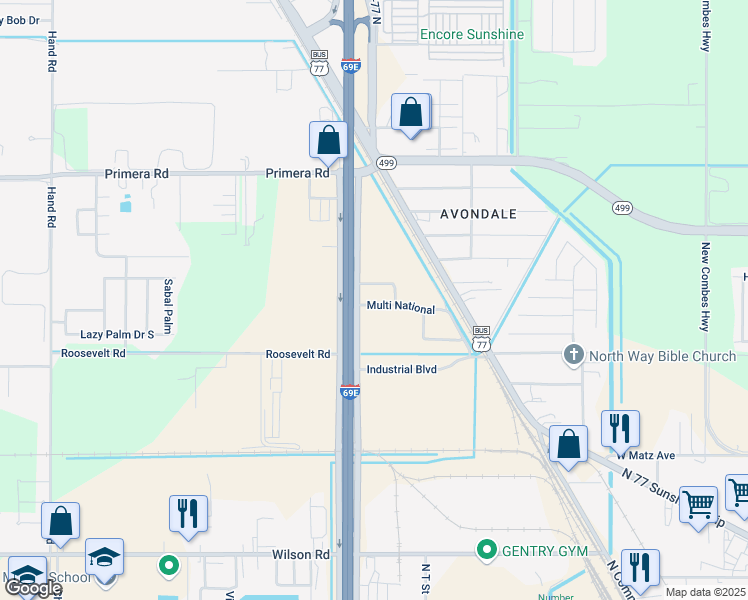 map of restaurants, bars, coffee shops, grocery stores, and more near U.S. 77 Frontage Rd in Harlingen