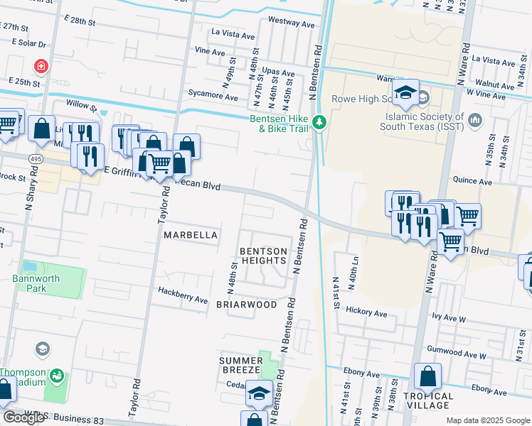 map of restaurants, bars, coffee shops, grocery stores, and more near 4713 Mulberry Avenue in McAllen