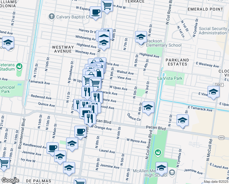 map of restaurants, bars, coffee shops, grocery stores, and more near 2000 North 8th Street in McAllen