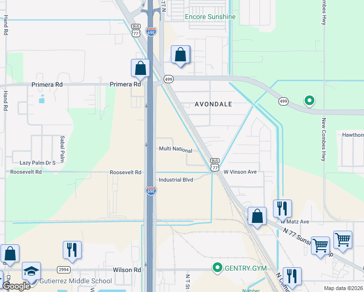 map of restaurants, bars, coffee shops, grocery stores, and more near Northridge Avenue in Harlingen