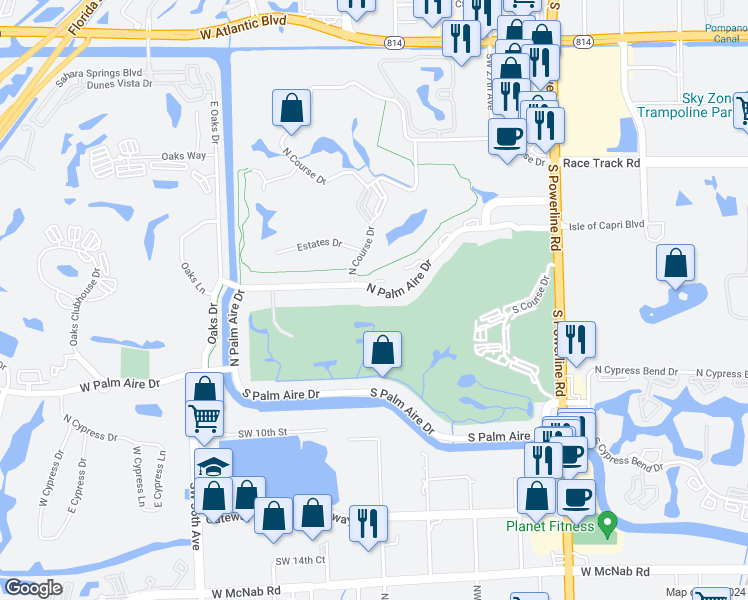 map of restaurants, bars, coffee shops, grocery stores, and more near 3000 Palm Aire Drive North in Pompano Beach