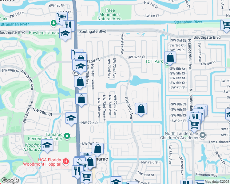 map of restaurants, bars, coffee shops, grocery stores, and more near 8001 Northwest 71st Avenue in Tamarac