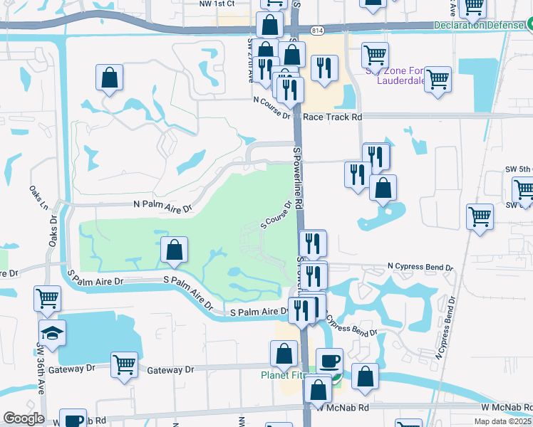 map of restaurants, bars, coffee shops, grocery stores, and more near 2651 South Course Drive in Pompano Beach