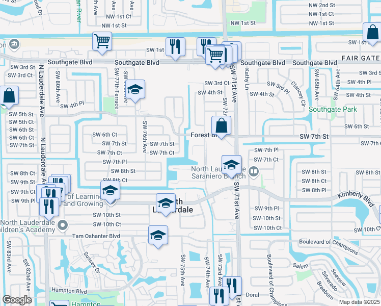 map of restaurants, bars, coffee shops, grocery stores, and more near 705 Southwest 74th Avenue in North Lauderdale