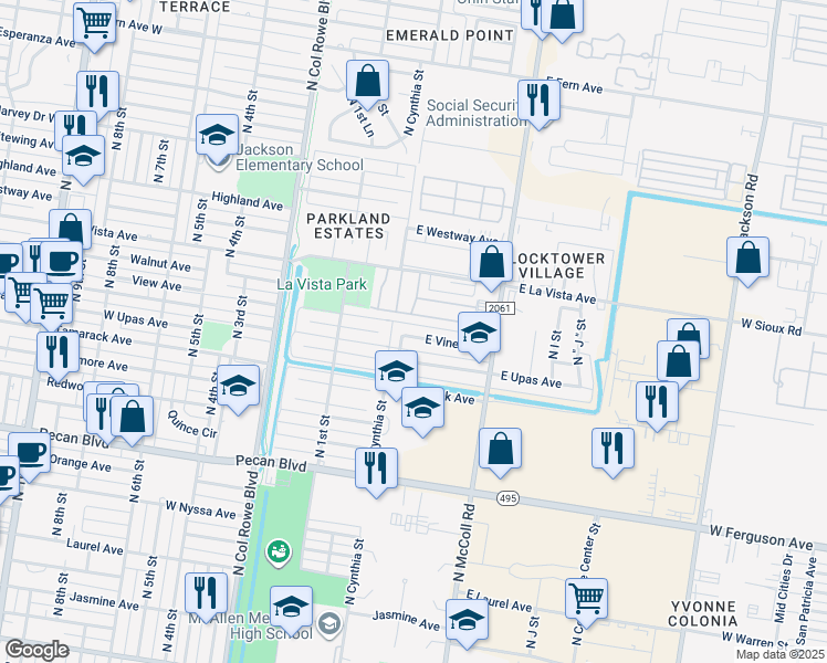 map of restaurants, bars, coffee shops, grocery stores, and more near 219 East Vine Avenue in McAllen