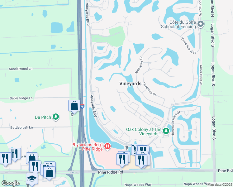 map of restaurants, bars, coffee shops, grocery stores, and more near 56-74 Silver Oaks Circle in Naples
