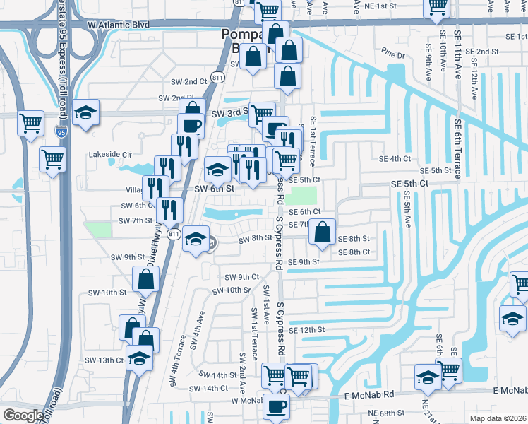 map of restaurants, bars, coffee shops, grocery stores, and more near 27 Southwest 6th Court in Pompano Beach