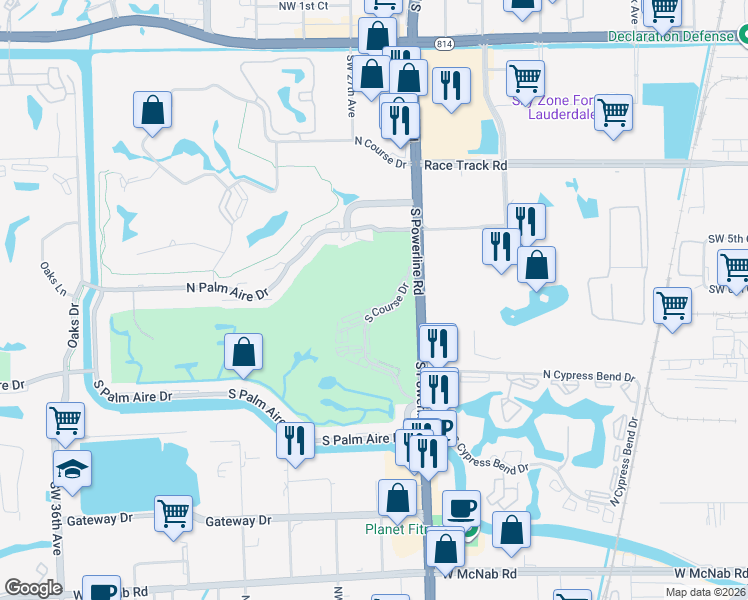 map of restaurants, bars, coffee shops, grocery stores, and more near 2651 South Course Drive in Pompano Beach