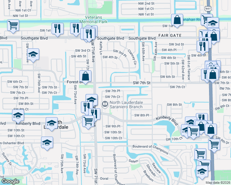 map of restaurants, bars, coffee shops, grocery stores, and more near 6710 Southwest 7th Place in North Lauderdale