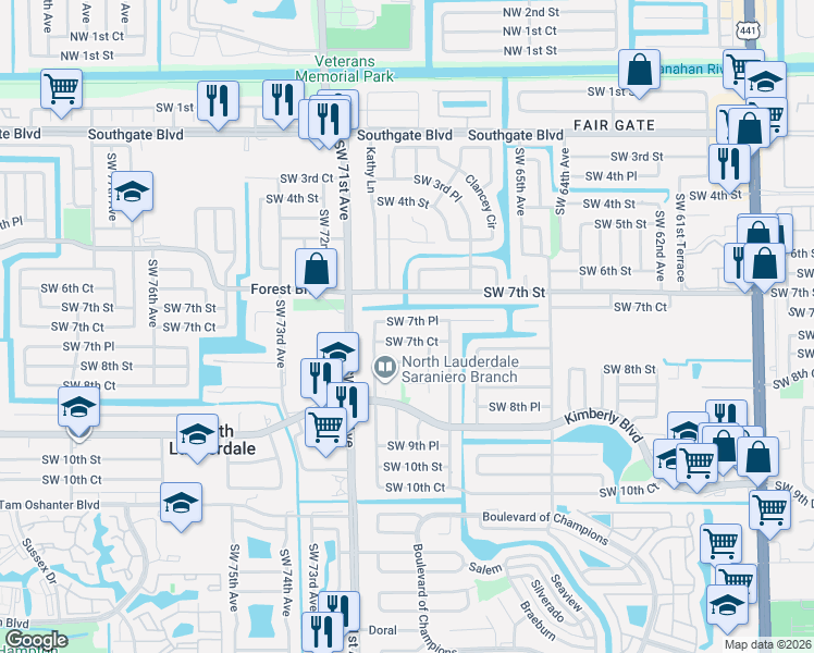 map of restaurants, bars, coffee shops, grocery stores, and more near 6841 Southwest 7th Place in North Lauderdale