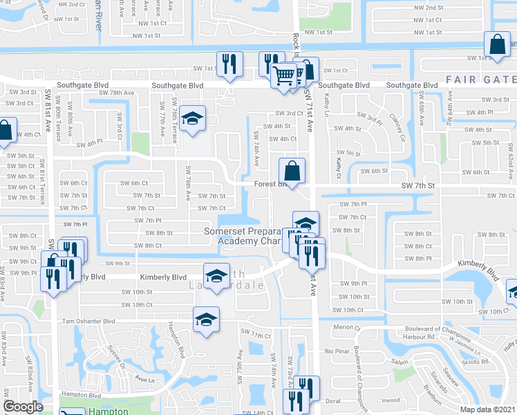 map of restaurants, bars, coffee shops, grocery stores, and more near 705 Southwest 74th Avenue in North Lauderdale