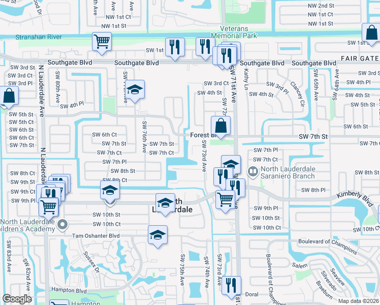 map of restaurants, bars, coffee shops, grocery stores, and more near 705 Southwest 74th Avenue in North Lauderdale