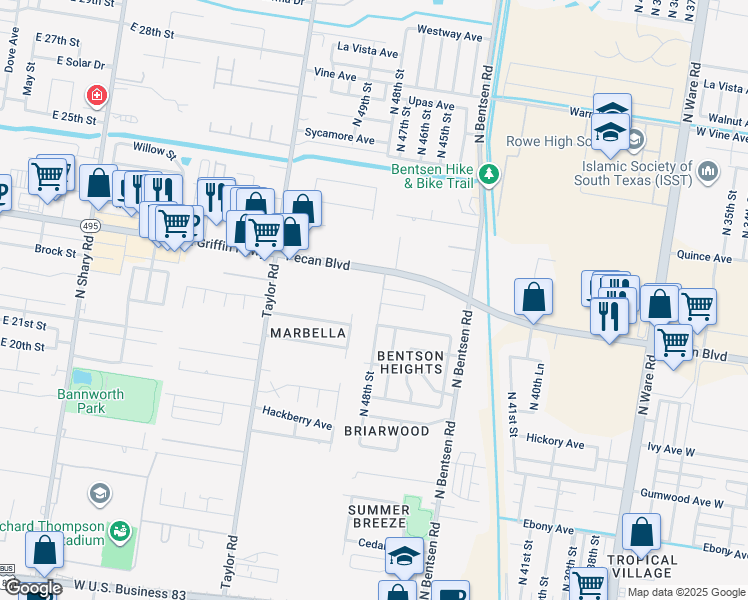 map of restaurants, bars, coffee shops, grocery stores, and more near 4513 Pecan Boulevard in McAllen