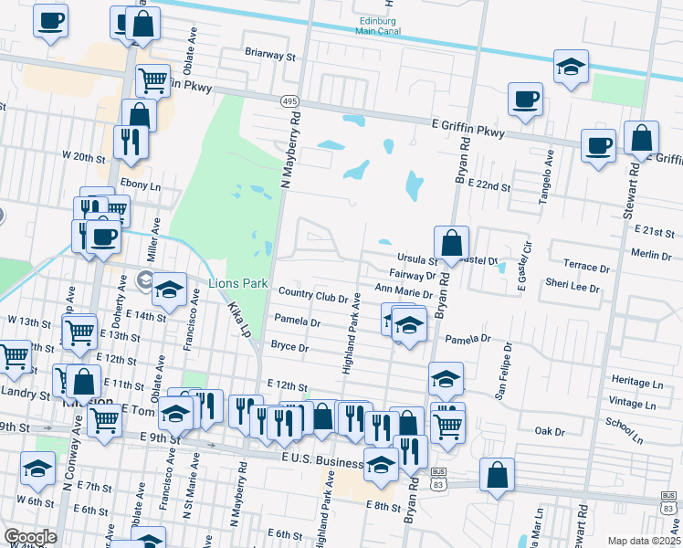 map of restaurants, bars, coffee shops, grocery stores, and more near 1711 Highland Park Avenue in Mission