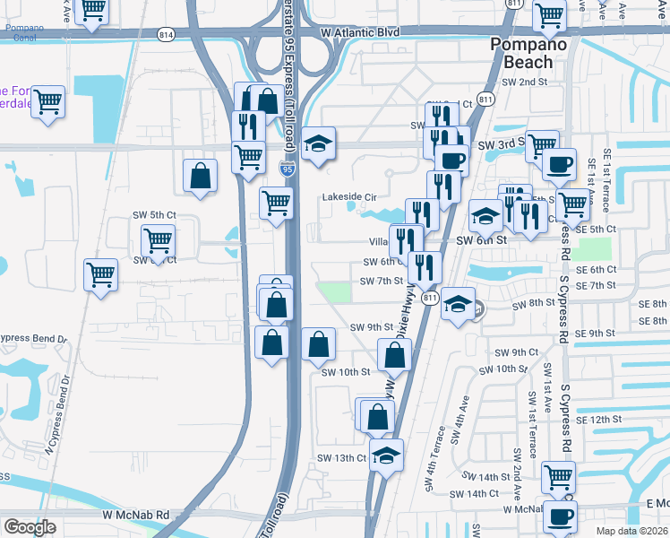 map of restaurants, bars, coffee shops, grocery stores, and more near 850 Southwest 6th Court in Pompano Beach