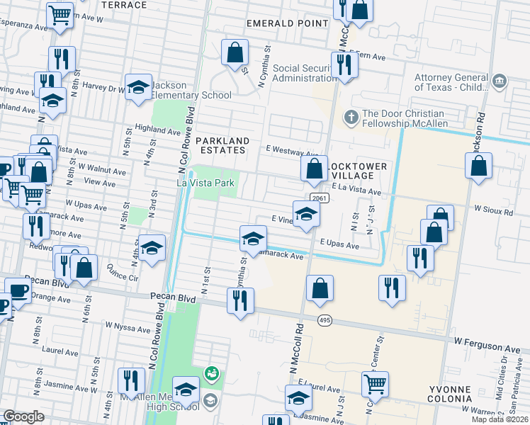 map of restaurants, bars, coffee shops, grocery stores, and more near 219 East Vine Avenue in McAllen