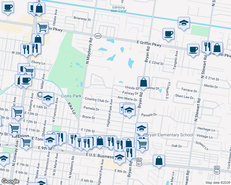map of restaurants, bars, coffee shops, grocery stores, and more near 1015 Fairway Drive in Mission