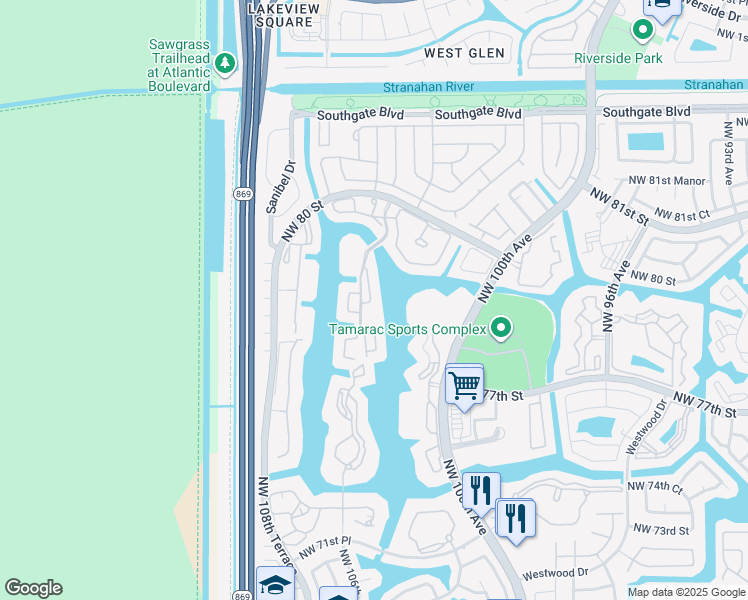 map of restaurants, bars, coffee shops, grocery stores, and more near 7654 Granville Drive in Tamarac