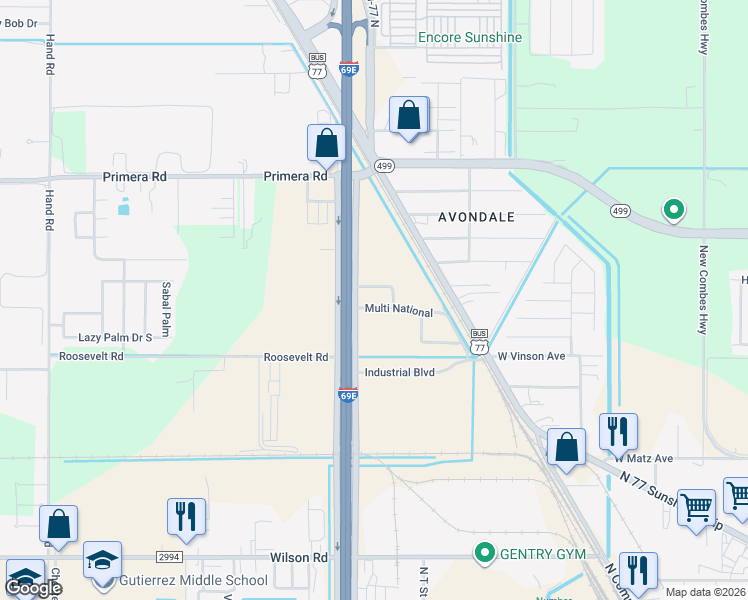 map of restaurants, bars, coffee shops, grocery stores, and more near U.S. 77 Frontage Rd in Harlingen