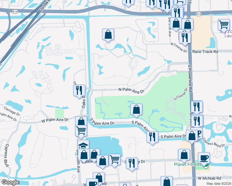 map of restaurants, bars, coffee shops, grocery stores, and more near 3117 Palm Aire Drive North in Pompano Beach