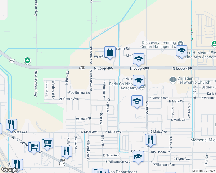 map of restaurants, bars, coffee shops, grocery stores, and more near 2917 North Blake Street in Harlingen
