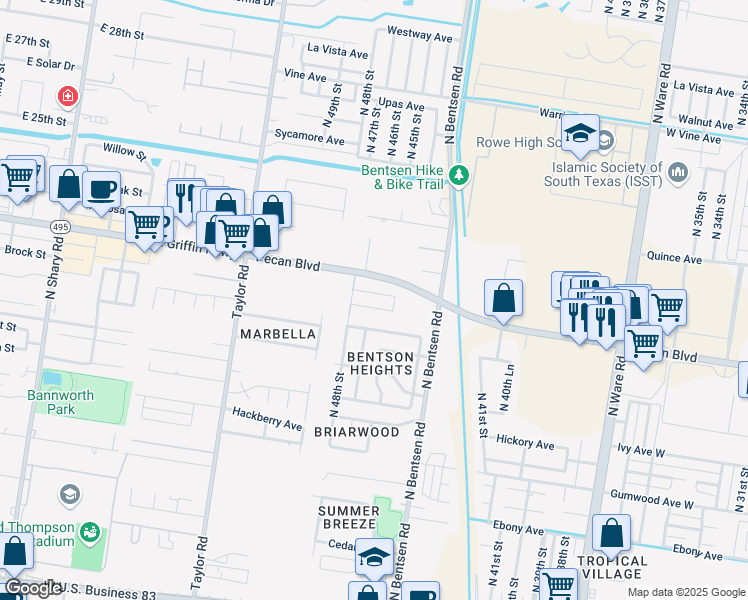 map of restaurants, bars, coffee shops, grocery stores, and more near 4713 Mulberry Avenue in McAllen