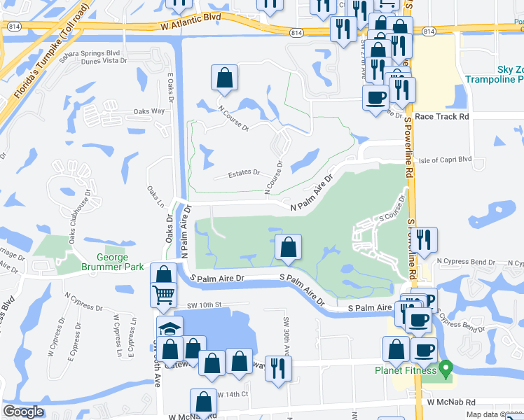map of restaurants, bars, coffee shops, grocery stores, and more near 3050 Palm Aire Drive North in Pompano Beach
