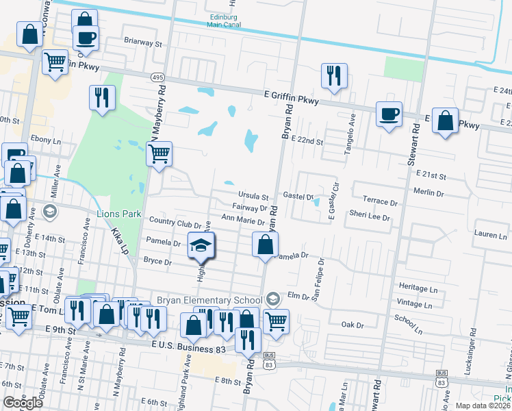 map of restaurants, bars, coffee shops, grocery stores, and more near 1103 Fairway Drive in Mission