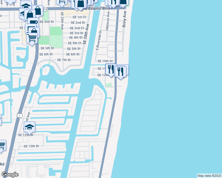 map of restaurants, bars, coffee shops, grocery stores, and more near 1301 South Ocean Boulevard in Pompano Beach