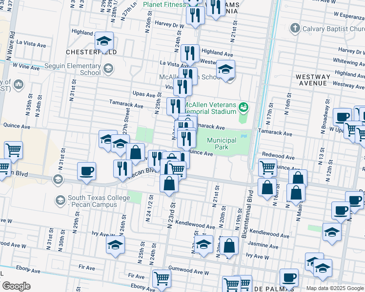 map of restaurants, bars, coffee shops, grocery stores, and more near 1700 N 23rd St in McAllen