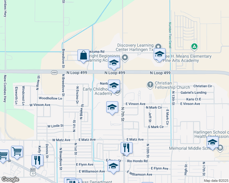 map of restaurants, bars, coffee shops, grocery stores, and more near 712 Nantucket Drive in Harlingen