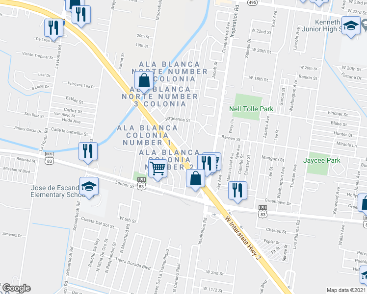 map of restaurants, bars, coffee shops, grocery stores, and more near 2404 West Expressway 83 in Mission