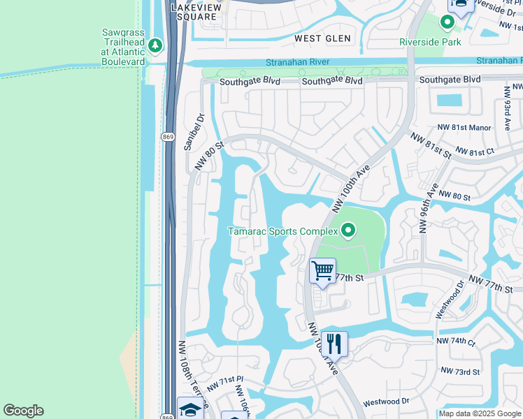 map of restaurants, bars, coffee shops, grocery stores, and more near 7654 Granville Drive in Tamarac