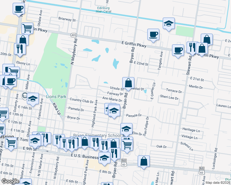 map of restaurants, bars, coffee shops, grocery stores, and more near 1103 Fairway Drive in Mission