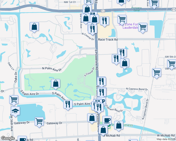 map of restaurants, bars, coffee shops, grocery stores, and more near 2651 South Course Drive in Pompano Beach