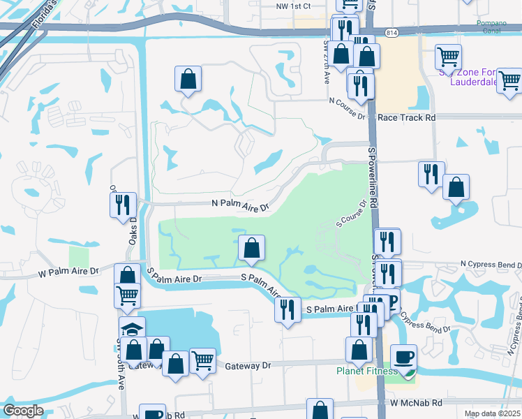 map of restaurants, bars, coffee shops, grocery stores, and more near 2917 North Palm Aire Drive in Pompano Beach