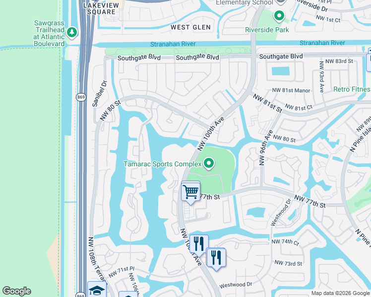 map of restaurants, bars, coffee shops, grocery stores, and more near 7763 Southampton Terrace in Tamarac