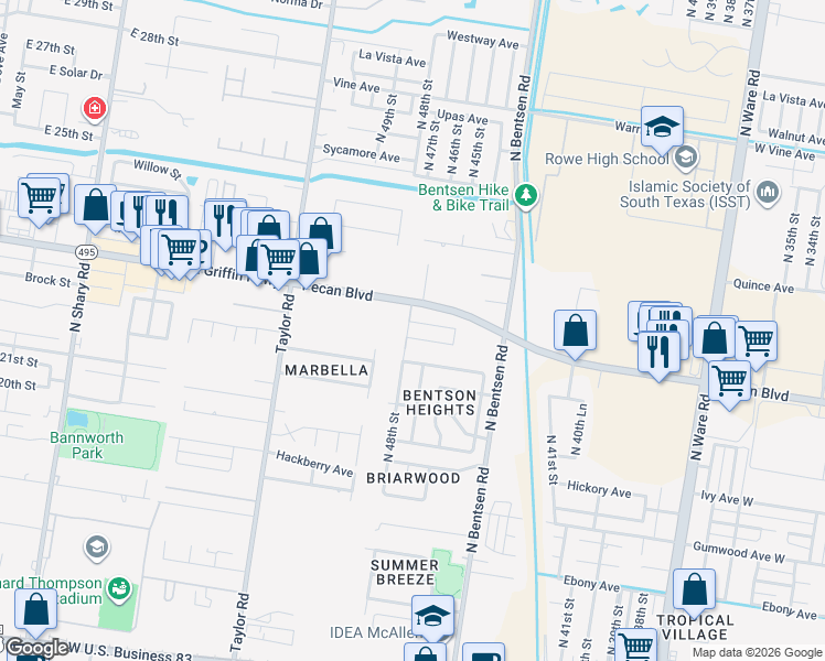 map of restaurants, bars, coffee shops, grocery stores, and more near 4513 Pecan Boulevard in McAllen