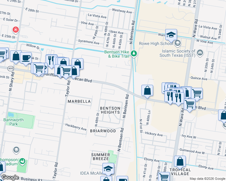 map of restaurants, bars, coffee shops, grocery stores, and more near 4713 Mulberry Avenue in McAllen