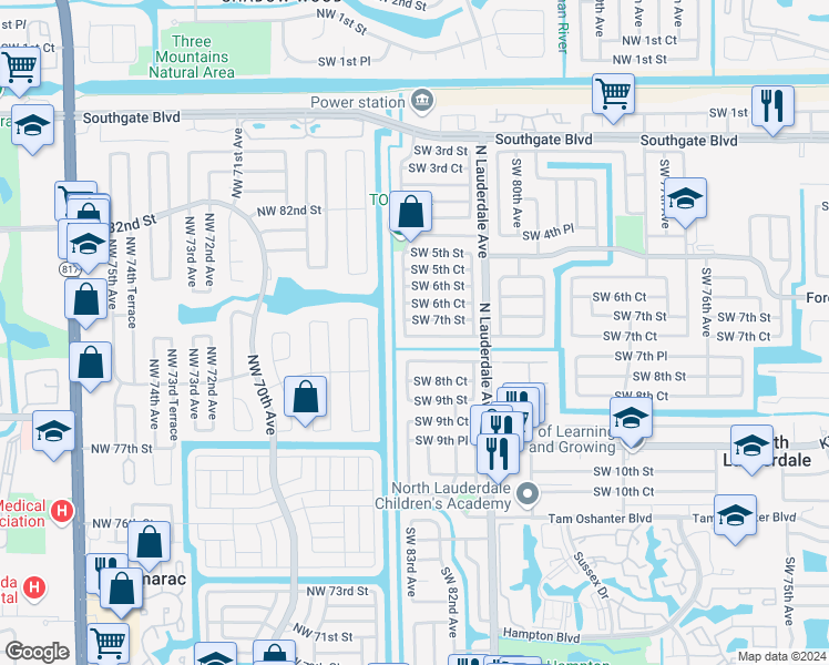map of restaurants, bars, coffee shops, grocery stores, and more near 8251 Southwest 7th Court in North Lauderdale