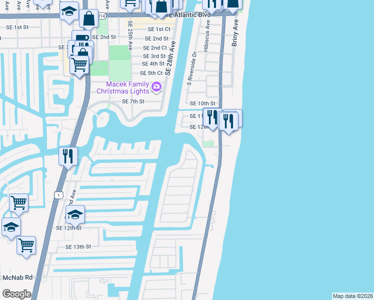 map of restaurants, bars, coffee shops, grocery stores, and more near 1311 East Terra Mar Drive in Pompano Beach
