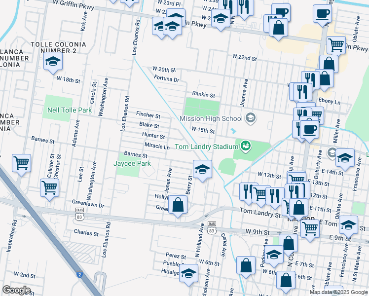 map of restaurants, bars, coffee shops, grocery stores, and more near 1001 Miracle Lane in Mission