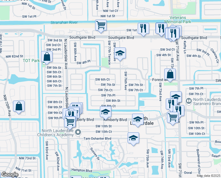 map of restaurants, bars, coffee shops, grocery stores, and more near 7707 Southwest 7th Court in North Lauderdale